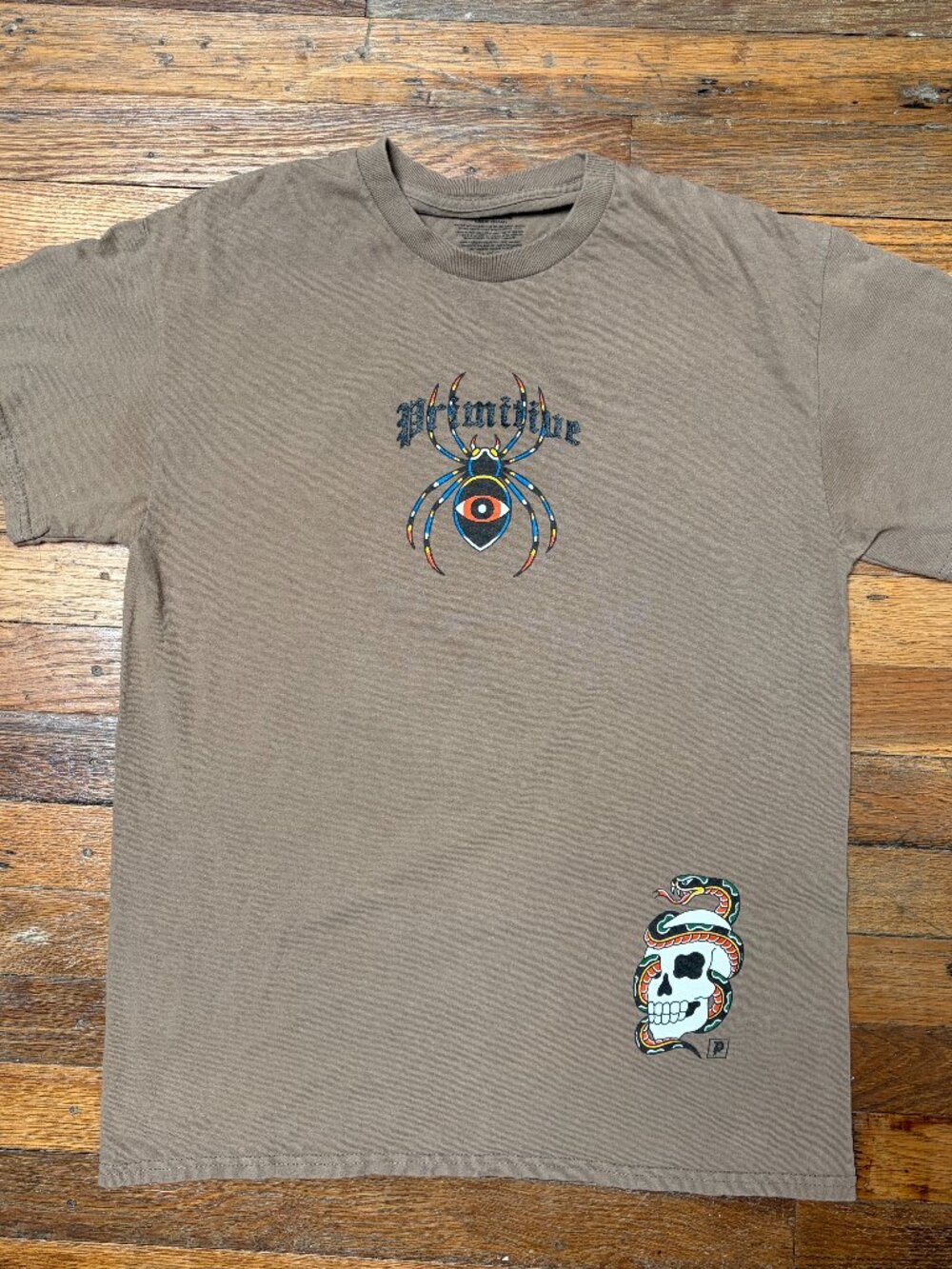 Primitive Men’s Brown Graphic Print T-Shirt Size M Crew Neck Skull Snake Spider